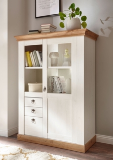 Landhaus Vitrine Highboard 102cm pinie weiß / wotan eiche Wohnzimmer