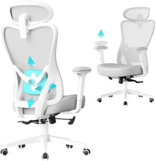 SONGMICS Bürostuhl ergonomisch, Schreibtischstuhl, Computerstuhl, verstellbare Lenden- und Kopfstütze, bis 150 kg belastbar, höhenverstellbar, taubengrau