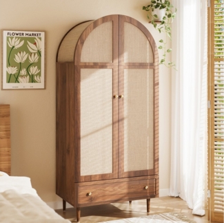 Merax Kleiderschrank mit Stofftüren, Schublade & Kleiderstange (79Lx50Bx175H Kommode, 1-St, für Gäste- & Ankleidezimmer) Garderobenschrank mit Holzfüßen und Walnussoptik für Schlafzimmer