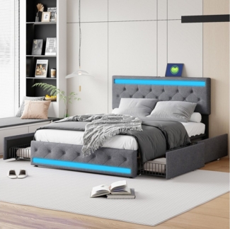 PXloue Polsterbett Modernes Polsterbett mit LED-Beleuchtung, Bettgestell mit USB-Anschluss und modernem Design.
