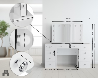 CLP Schminktisch Tiline mit Hollywood-Spiegel, LED-Beleuchtung und Schubladen,weiß