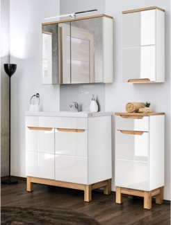 Badezimmermöbel Set mit 80cm Waschtisch & LED-Spiegelschrank SOLNA-56 in Hochglanz weiß, B/H/T ca.: 130/200/46 cm