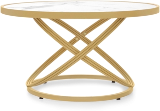 BarberPub Couchtisch Rund Holz, Moderner Sofatisch, Kleiner Beistelltisch Metall, Kaffeetisch für Wohnzimmer, Schönheitssalon, Wohnzimmertisch Marmor-Weiß Gold, 80x80x45cm, 2175