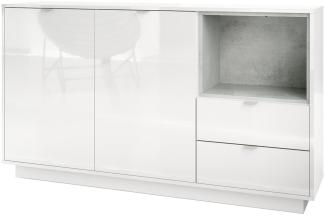 Sideboard Kommode Metro, Korpus in Weiß Hochglanz / Fronten in Weiß Hochglanz mit Einsatz in Beton Oxid Optik