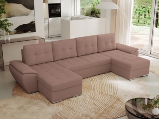 U-förmiges Ecksofa mit Schlaffunktion, genähter Sitz, zwei Armlehnen und losen Kissen - UMBRIA U - Rosa Boucle