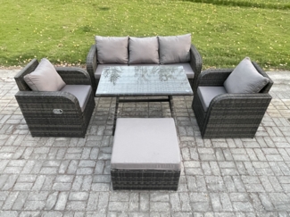 Fimous Hoher Rücken Rattan Gartenmöbel Sets mit Rechteckiger Esstisch Liegestühle 3-Sitzer Sofa 2 Großer Hockern