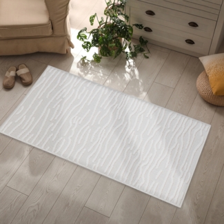 Teppich Läufer - Creme Meliert - 60x110cm - Boho Deko Teppiche für Balkon Terrasse Garten - Indoor Outdoor Schlafzimmer Esszimmer - Hochtief 3D Effekt