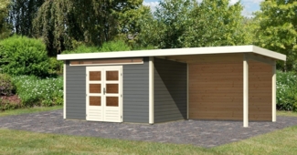 Gartenhaus Kandern 7 - 364x244 cm inkl. Anbaudach 3,20m mit Rückwand, 28 mm Holz terragrau, Karibu