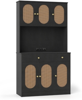 Holz Küchenschrank mit Rattantüren & 2 Steckdosen & 2 USB-Anschlüssen Buffetschrank Schwarz