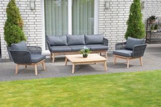 SunnySmart Lounge-Dining-Gruppe Bridgeport Alu/Akazienholz/Polyrope dunkelgrau inkl. Kissen (2 Sesse