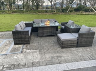 Fimous Outdoor Rattan Gartenmöbel Gas Feuerstelle Esstisch Sets Lounge Stühle Beistelltische Dunkelgrau Gemischt 9 Sitzer