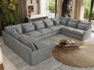 XXL U-förmige Ecksofa, modulares Ecksofa mit losen Kissen, Wohnlandschaft, universelles Ecksofa für das Wohnzimmer - VERSO U 9M - Hellgrau Velours