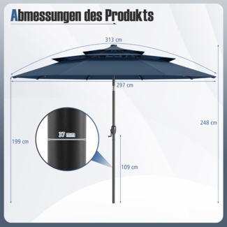 3-stöckiger Sonnenschirm mit Kurbel Beidseitig um 30° Knickbarer Gartenschirm Terrassenschirm Dunkelblau