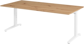 bümö manuell höhenverstellbarer Schreibtisch 200x100 in Asteiche, Gestell in weiß - PC Tisch höhenverstellbar & groß, höhenverstellbarer Tisch Büro, großer Computertisch verstellbar, X2E-R-WW