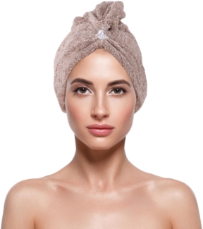 Haarturban ( Braun ) Cozy mit Knopf - 25x65cm ( One SIze ) Superweich Flauschig - Saugstark, Handtuch Haare Turban Haarhandtuch Schnelltrocknend