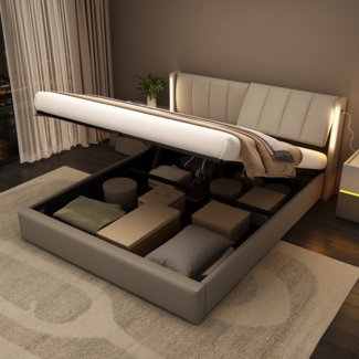 Flieks Polsterbett, LED Stauraumbett Doppelbett mit USB/ Verstellbarem Kopfteil 140x200cm