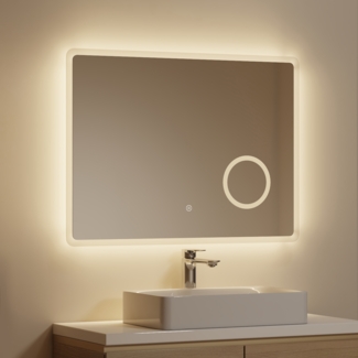 EMKE Badspiegel mit 3-fache Vergrößerung, LED Beleuchtung, 80x60cm, 3 Lichtfarben Dimmbar, Touch, Beschlagfrei
