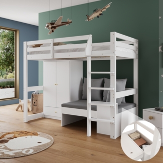 Merax Hochbett 90 x 200cm, Multifunktionales Kinderbett, mit eine Leiter, mit Kleiderschrank, Sofa mit Stauraum, drei Kissen und Auflagen, mit Ablageboden, weiß