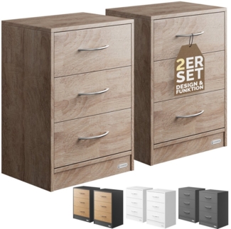 Casaria Nachttisch 2er Set 54 x 39 x 28 cm 3 Schubladen Kabelführung Wandbefestigung Boxspringbett Schlafzimmer Nachtschrank Nachtkonsole Nachtkommode Eiche