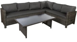 Wohnando Garten-Essgruppe Gartenlounge Eckbank "Maria", für 5 Personen, (2-tlg), inkl. Glas-Loungetisch und Sitzauflagen, in schwarz, Gartenmöbel