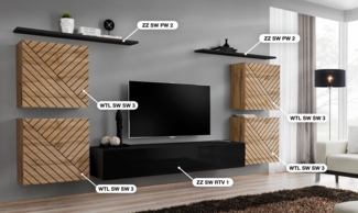 Wohnwand Switch Lamel IV mit geriffelte Wotan Fronten und Schwarzen Hochglanz Fronten 320 x 160 cm 7-teilig