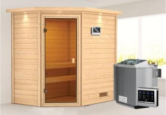 Karibu Jella Ecksauna mit Dachkranz + 9kW BIO-Kombiofen mit ext. Steuerung Easy