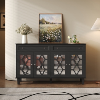 Merax Sideboard mit vier Spiegeltüren, Schubladenschrank mit Schubladen, verstellbaren Einlegeböden und Kristallgriffen, Schwarz