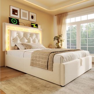 Flieks Polsterbett, Hydraulisches Stauraumbett 90x200cm mit LED-Diamantband & Ladestation