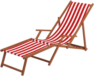 Liegestuhl rot-weiß Gartenliege Sonnenliege Deckchair Buche Fußteil Kissen klappbar 10-314FKD