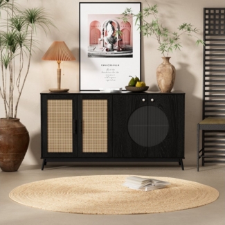 Flieks Sideboard (160x40x80 cm, 1 St), Kommode mit 2 Glastüren und 2 Rattantüren Schrank Anrichte