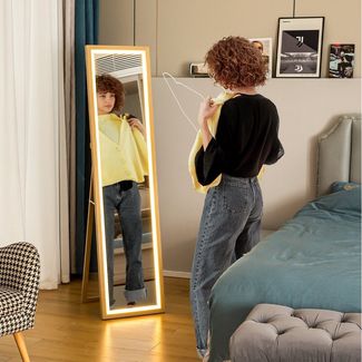 HOMCOM Standspiegel Ganzkörperspiegel 40 x 160 cm mit LED-Lichte, 3 Lichtfarben (Bodenspiegel, 1-St, Wandspiegel mit Touch-Steuerung), für Schlafzimmer, Wohnzimmer, Eiche