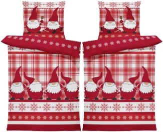 One Home Bettwäsche Wichtel Weihnachten Weihnachtsbettwäsche, Flanell, 4 teilig, Christmas kariert, Baumwolle kuschelig warm weich Biber Winter