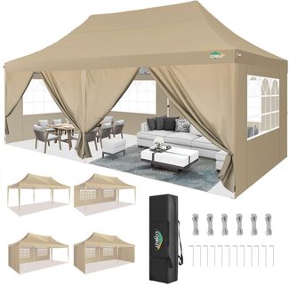 COBIZI Pavillon 3x6 m Faltpavillon Wasserdicht Stabil Winterfest Partyzelt Faltbar Pop Up Pavillon mit 6 Seitenwänden UV-Schutz 50+ Gartenpavillon für Strand Hochzeit Camping, Khaki