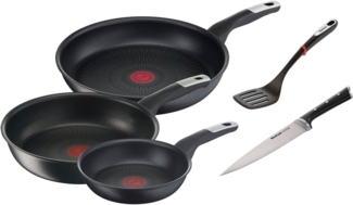 Tefal Pfannen-Set Unlimited Ice Force, Aluminium (Set, 5-tlg, je 1 Pfanne Ø 24/28 cm, Wok Ø 28 cm, Kochmesser, Bratwender), kratzfeste Antihaftversiegelung, Thermo-Signal, inkl. Zubehör