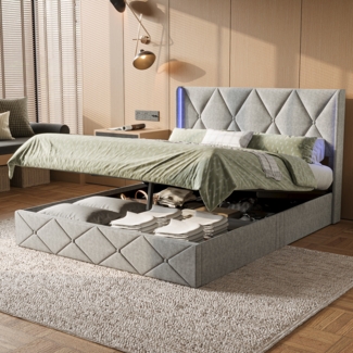 160x200cm Graues Samt Bett mit LED-Beleuchtung und Gasdruck-Stauraum
