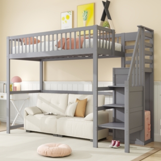 Merax Hochbett Massivholz Kinderbett 90x200cm mit Treppe und Kleiderstange, Grau