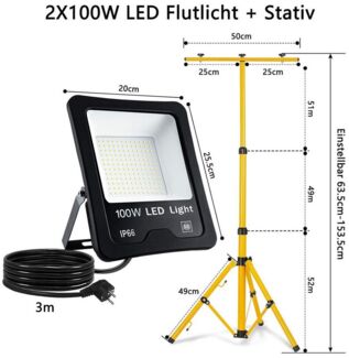 FIVMEN LED Flutlichtstrahler LED Baustrahler 2x100W LED Fluter Strahler mit Stativ und 3M Kabel, für Innen-und Außenbereich, Garage, Baustelle, Sportplatz