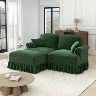 Sofa modular, Sitzfläche variabel, Chenille, Grün – abnehmbare Rüschen & beweglicher Hocker, skandinavisch-elegant,194*140*93 cm