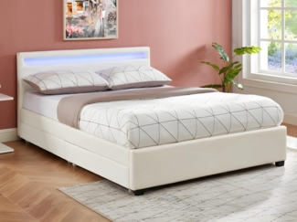 Vente-unique - Bett mit Stauraum & LED-Beleuchtung - Kunstleder - 160 x 200 cm - Weiß + Matratze - ALOIS II