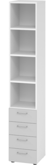 bümö smart Schubladenschrank, Büroschrank in Weiß/Grau mit 4 Schüben & 4 Regalfächern - Bürocontainer aus Holz, Container mit Metallgriffen & Soft-Stop Schubladen, 964S4-W-5-BS