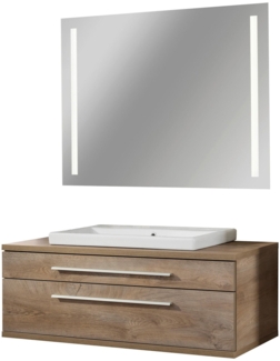 Fackelmann STANFORD Badmöbel Set 3-teilig,110 cm breit, Braun, Keramik + LED-Spiegel