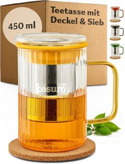 Cosumy Teeglas Teetasse mit Deckel und Sieb 450ml Gelb, 1-tlg, Borosilikatglas, Edelstahl, Kork, Edelstahlfilter