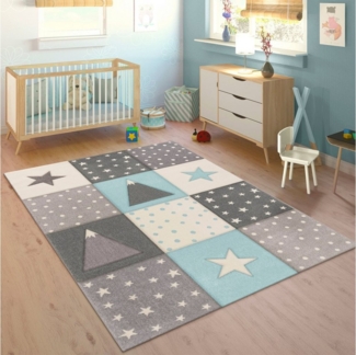 Paco Home Kinderteppich Cosmo 340, rechteckig, Höhe: 17 mm, Kurzflor, Pastell-Farben, 3D Effekt, Motiv Berge, Punkte & Sterne