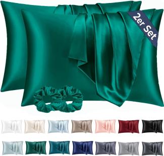 Satin Kissenbezug 40x60 Dunkel Grün 2er-Set mit Haargummis