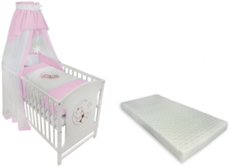 Babyhafen Komplettbett 60 × 120 cm Babybett Teddy auf dem Mond Gitterbett Kinderbett, inkl. Matratze, Himmel, Nestchen & Bettwäsche
