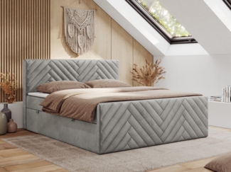 Boxspringbett mit zwei Bettkästen, 7 Härtezonen Multipocket-Matratzen, dekoratives Kopfteil und Front, Doppelbett - PARIS DUO - 200 x 200 cm - Hellgrau Velours - H4