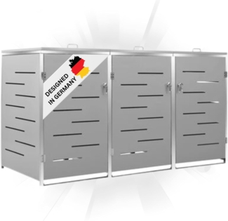 DELUKE® 3er Mülltonnenbox JAGU Edelstahl Grau 115x207x77,5cm Mülltonnenverkleidung für 3 Tonnen 240L Müllbox aus Metall Mülltonnenschutz Mülltonnendach