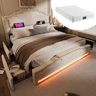 Polsterbett Beige mit LED-Beleuchtung, USB & Type-C Ladeanschluss, 4 Schubladen,Kopfteil im Vintage-Stil 160x200 cm,mit Matratze