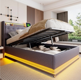 Merax Polsterbett mit LED-Beleuchtung & USB-Ladeanschluss (1-tlg, Hydraulisches Stauraumbett Mehrzweckbett Jugendbett), Doppelbett 140x200cm mit hydraulischem Stauraum & Regal, Leinenstoff