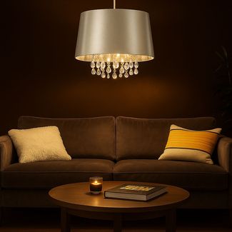 Hängeleuchte, Kristalle, Seide, silber, klar, H 153 cm